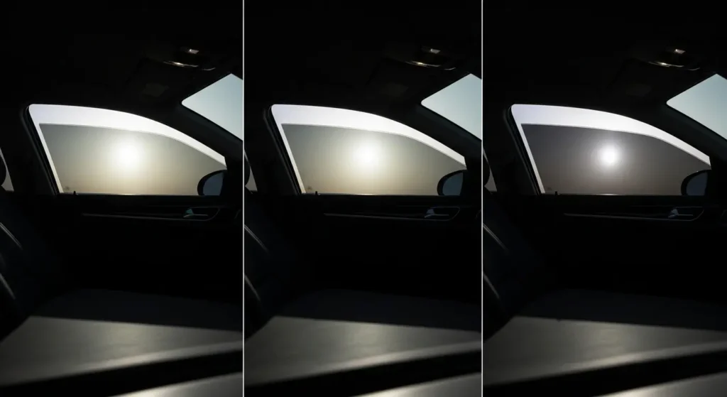 Triple-panel comparison of a car interior showing sun glare through an untinted window (left), a basic tint (middle), and a strong ceramic or carbon window tint (right) that effectively blocks solar heat and glare, demonstrating the benefits of UV blocking window film.