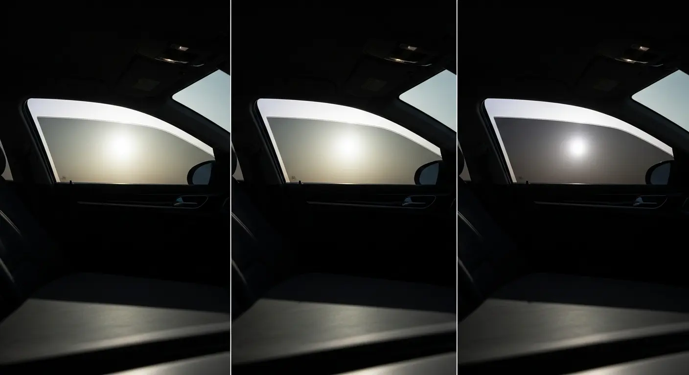 080eb100-e277-4391-a6ba-d951143ae704 Triple-panel comparison of a car interior showing sun glare through an untinted window (left), a basic tint (middle), and a strong ceramic or carbon window tint (right) that effectively blocks solar heat and glare, demonstrating the benefits of UV blocking window film.