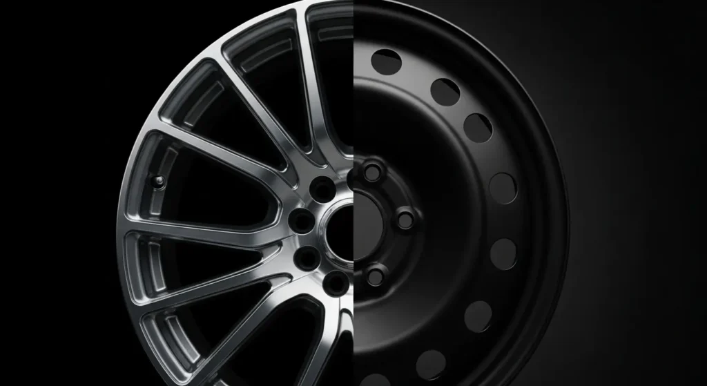 Side-by-side comparison of a multi-spoke alloy wheel and a standard black steel wheel, illustrating the difference between alloy wheels vs steel wheels for car performance and style.