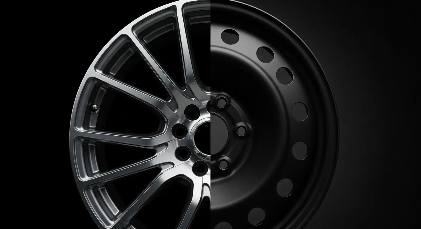 1aeaaffb-2aa5-4be8-bd39-162f30dfb09a (1) Side-by-side comparison of a multi-spoke alloy wheel and a standard black steel wheel, illustrating the difference between alloy wheels vs steel wheels for car performance and style.