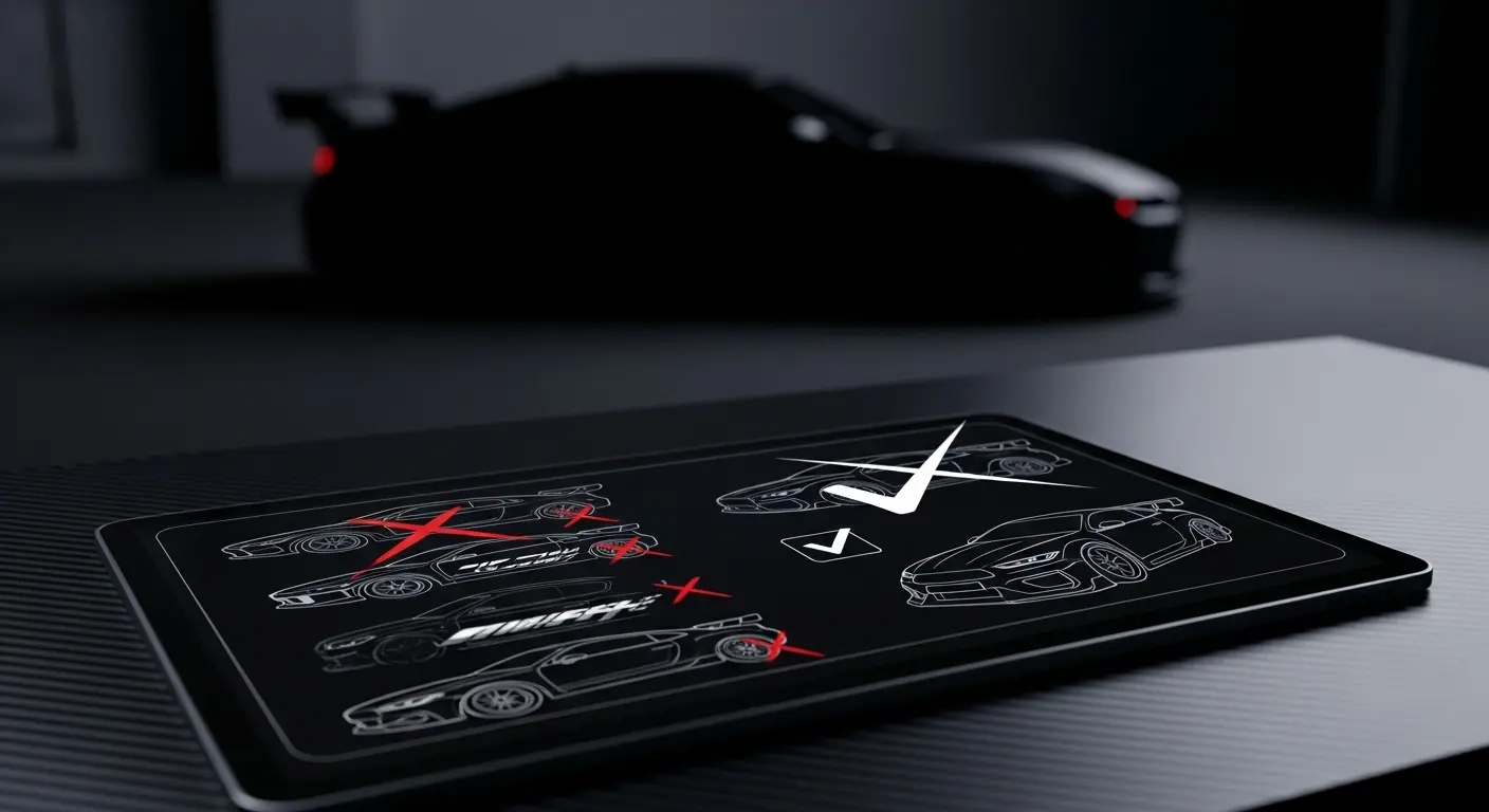 1f351c1f-7a0b-40f4-8a48-9810e35088ea Close-up of a tablet with various car customization designs marked as correct or incorrect, with a black sports car blurred in the background. The image relates to common mistakes in car mods and custom car design.