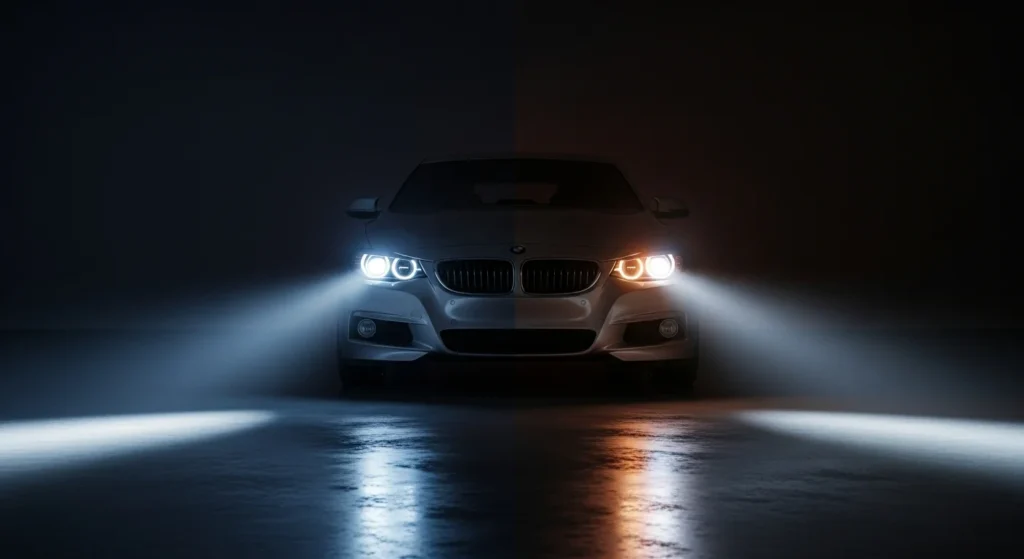 A front-on view of a car with a split-screen effect, showing the left half illuminated by a cool, crisp blue-white LED headlight and the right half by a warmer, yellow-orange HID headlight, clearly demonstrating the color difference in the LED vs HID headlights comparison.