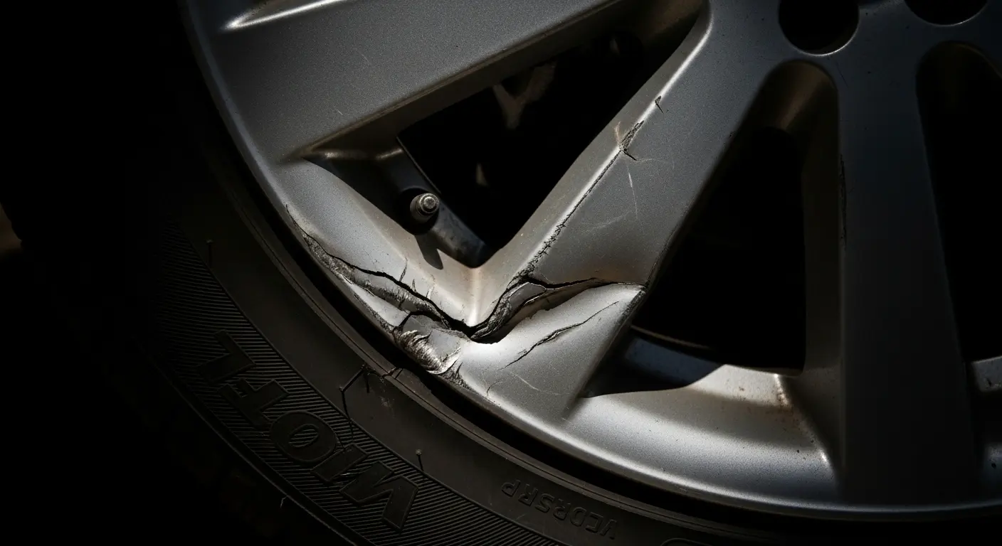 30839b5e-6138-4302-a022-00deb8135748 A damaged car rim with cracks extending from a dent on the edge, showing the result of poor quality rims or impact damage. This image emphasizes why high quality rims are essential for safety.
