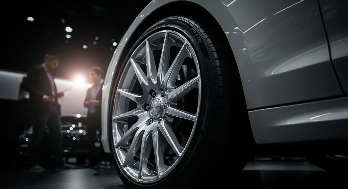 41d75323-52e9-43ff-89b3-cf0279e1ac58 A high-detail shot of a custom multi-spoke alloy wheel and tyre rim on a modern car, emphasizing the aesthetic and performance benefits of car performance upgrades and rim selection.