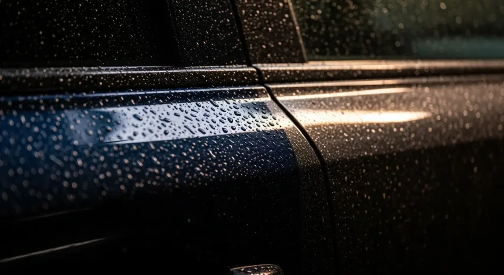 Close-up of a dark car door covered in perfectly beaded water droplets, demonstrating the hydrophobic and protective benefits of paint protection film (PPF) in monsoon weather.