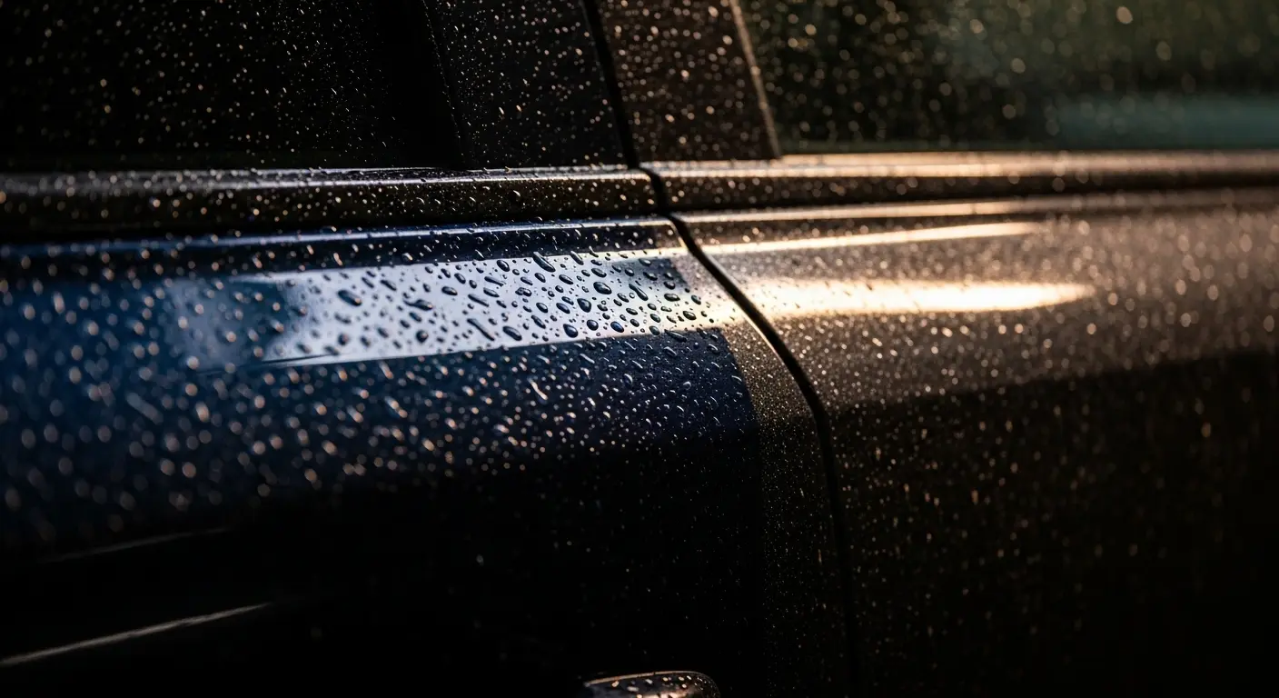 69b5d9d3-4e73-4884-9048-3627de1cda98 Close-up of a dark car door covered in perfectly beaded water droplets, demonstrating the hydrophobic and protective benefits of paint protection film (PPF) in monsoon weather.