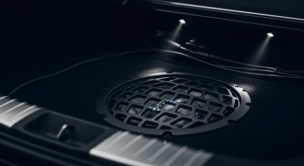 A close-up of a high-end car subwoofer or speaker grille installed in the trunk, representing the deep bass and powerful amplification delivered by the best car sound system brands in India.