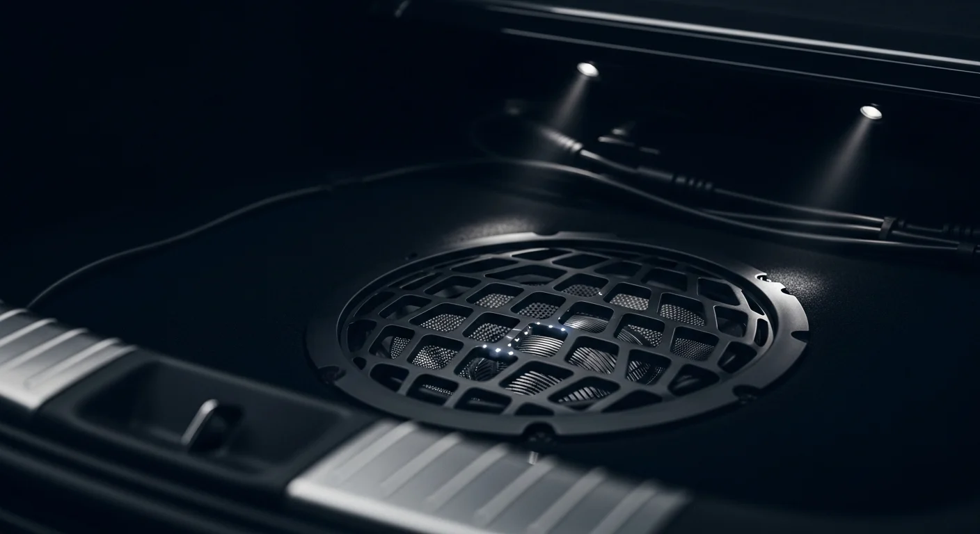 6cc79f27-83b5-4f29-a6ab-56364ab84b92 A close-up of a high-end car subwoofer or speaker grille installed in the trunk, representing the deep bass and powerful amplification delivered by the best car sound system brands in India.