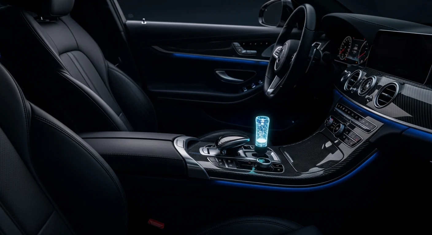 6f077c25-abea-4401-819d-9b330f032cde A close-up of a luxurious car interior at night featuring deep blue ambient lighting strips along the dashboard and door panels, illustrating the mood enhancement provided by premium car decor ideas