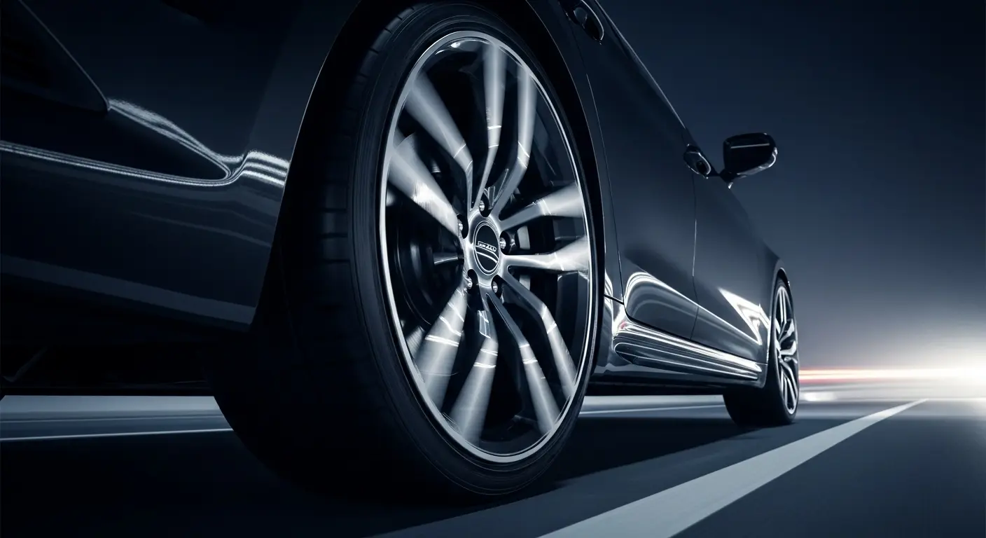 7d791d90-5f69-477b-b538-552bbb88ee59 (1) Close-up action shot of a car's black-and-silver alloy wheel spinning at speed on a road, highlighting the performance and dynamic style benefits of car alloy wheels.