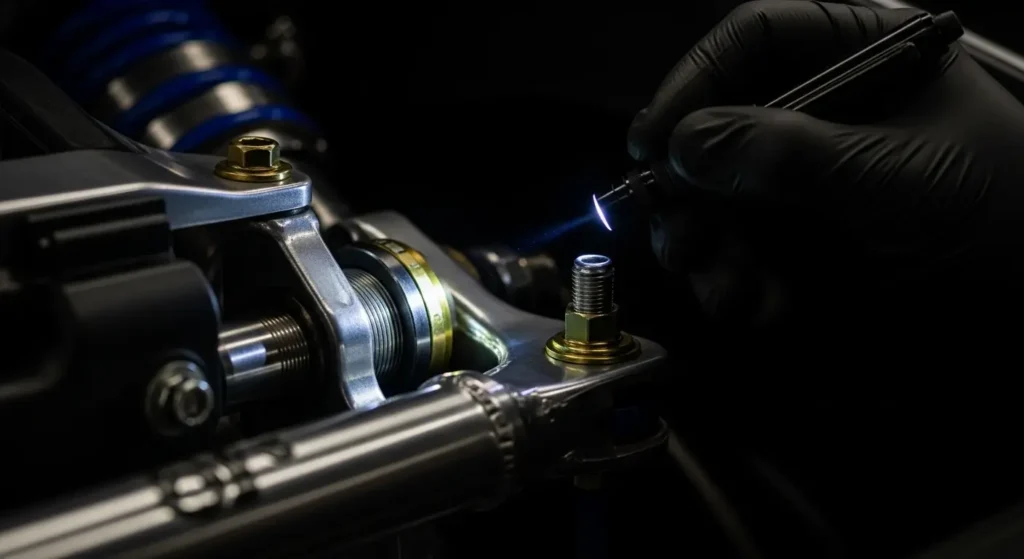 Expert performing precision inspection and maintenance on a custom car modification, focusing on a nut and bolt within the vehicle's suspension system. The image highlights the importance of custom car care and mechanical checks.