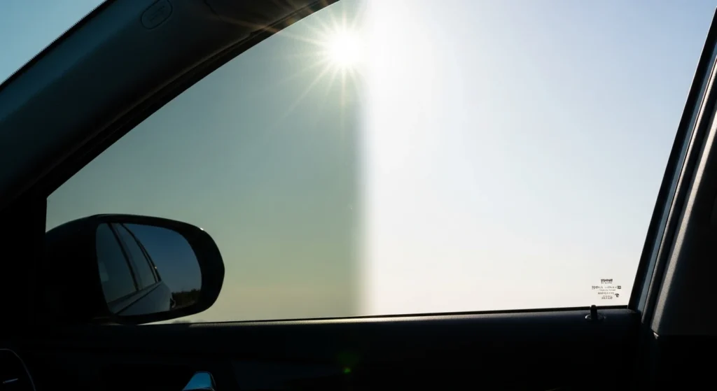 Interior view of a car side window with a vertical split, showing the left half protected by a ceramic or crystalline heat reduction window film (reducing glare and light) and the right half untinted, illustrating the performance of the best car window tints for heat reduction in India.