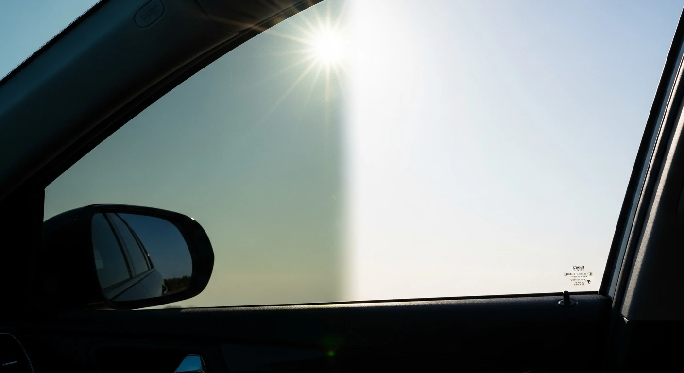 b15fcc07-3f2f-4ac5-a87b-f87a0e2d752a Interior view of a car side window with a vertical split, showing the left half protected by a ceramic or crystalline heat reduction window film (reducing glare and light) and the right half untinted, illustrating the performance of the best car window tints for heat reduction in India.