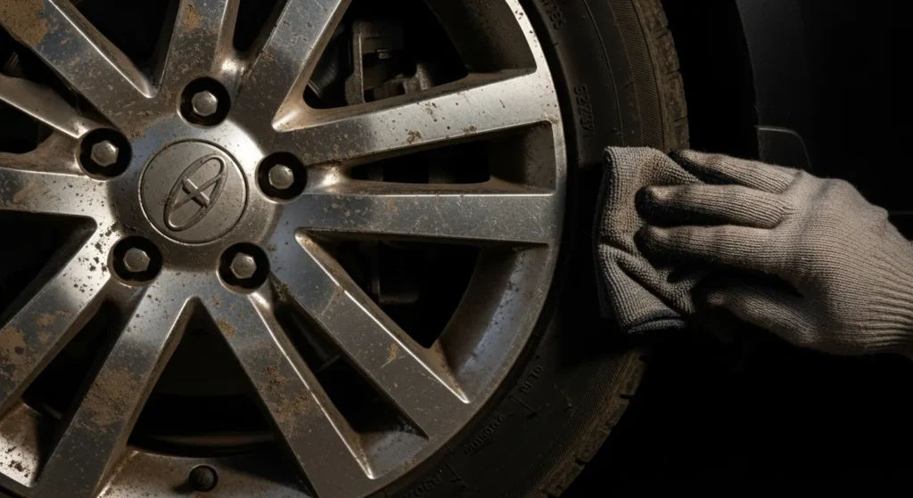 Close-up of a dirty car alloy wheel being cleaned by a gloved hand with a cloth, illustrating the importance of tyre rims maintenance and how to clean tyre rims after exposure to road grime.