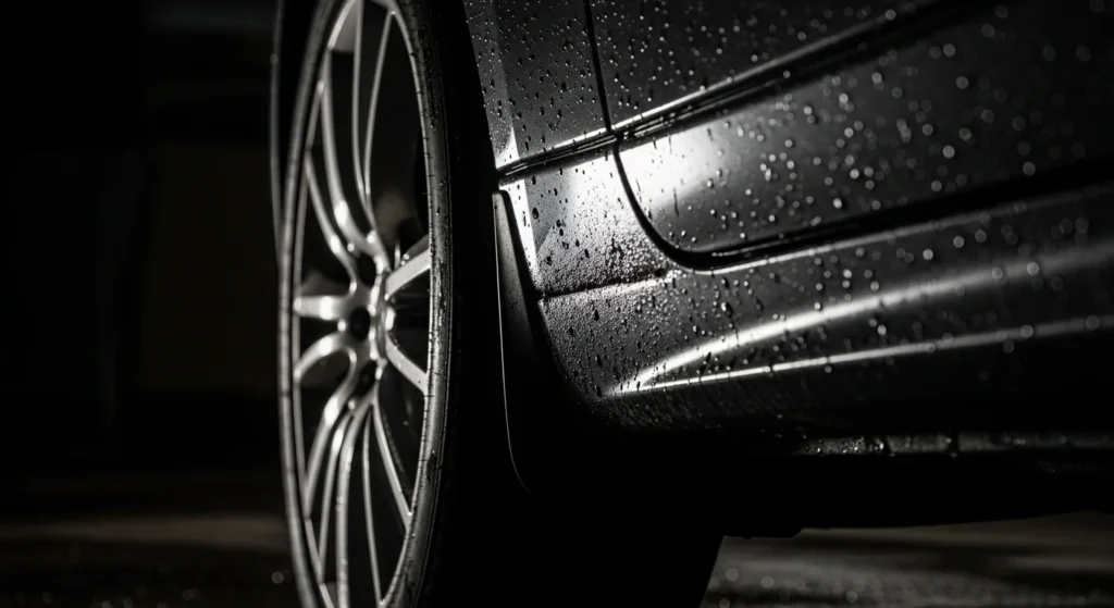 A dark car door with water droplets tightly beading on the surface after rain, illustrating the effective hydrophobic barrier provided by advanced car rust proofing or wax polishing, essential for car rust prevention in monsoon-heavy citie