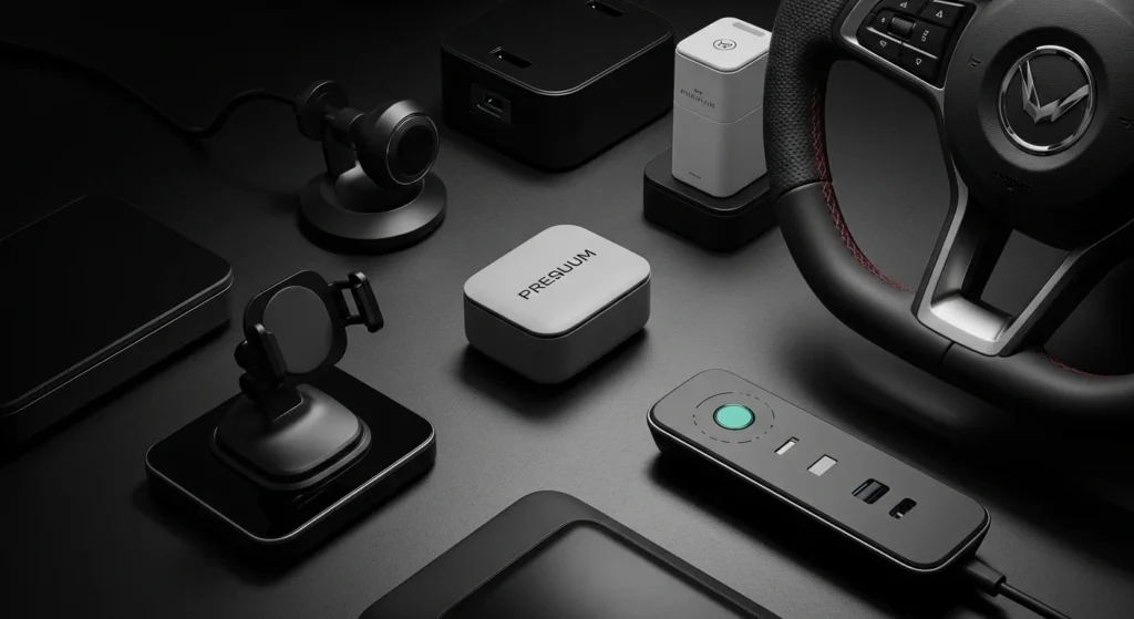 A collection of modern smart car accessories and gadgets, including wireless phone chargers, car phone mounts, multi-port chargers, and an air purifier, representing the essential high-utility gadgets for a modern car interior