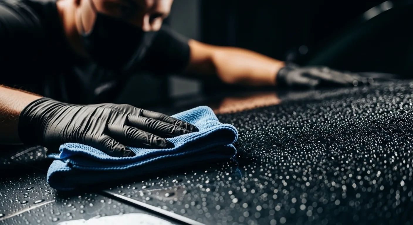 download (2) A professional wearing black gloves carefully wiping a wet, dark car hood with a blue microfiber cloth, demonstrating the meticulous final steps of a car wash and the use of the best car cleaning accessories for a scratch-free finish.