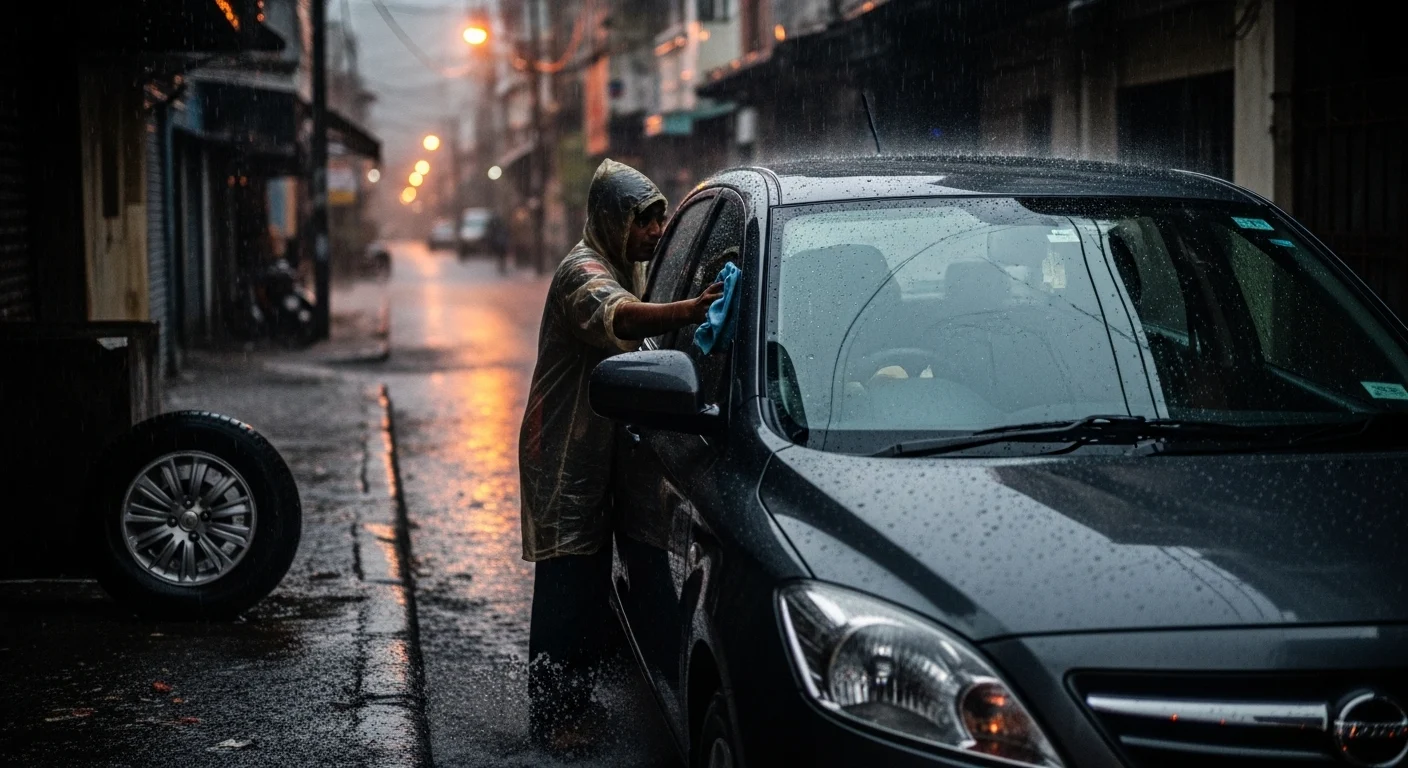 A car owner in a yellow raincoat wiping the side window of a dark car on a waterlogged city street during a heavy rain shower, illustrating the critical need for clear visibility, quick cleaning, and proactive monsoon car care in India.