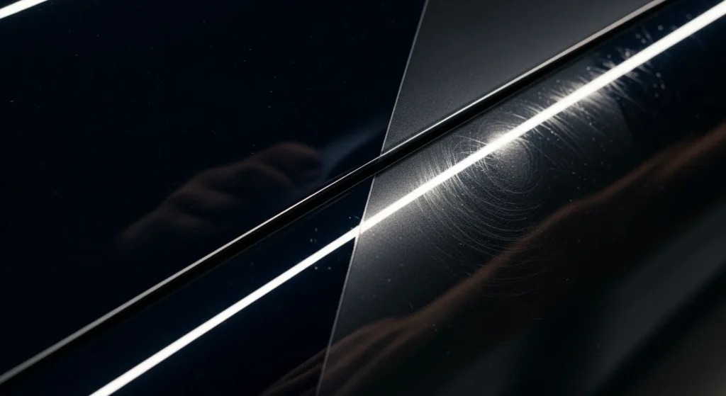 A dark car panel with a distinct vertical split, showing one side covered in visible swirl marks and micro-scratches (damaged paint) and the other side perfectly glossy and clear, illustrating the protective and self-healing benefits of PPF coating for cars in India.