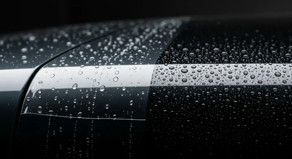 Split image showing a dark car's surface with tightly beaded water droplets on the right (protected side) and less defined water spots on the left (unprotected or less protected side), effectively demonstrating the hydrophobic difference between PPF vs ceramic coating.