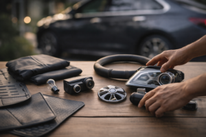 Budget and premium car accessories laid out including floor mats, dash cam, projector headlight, steering cover, and interior protection items