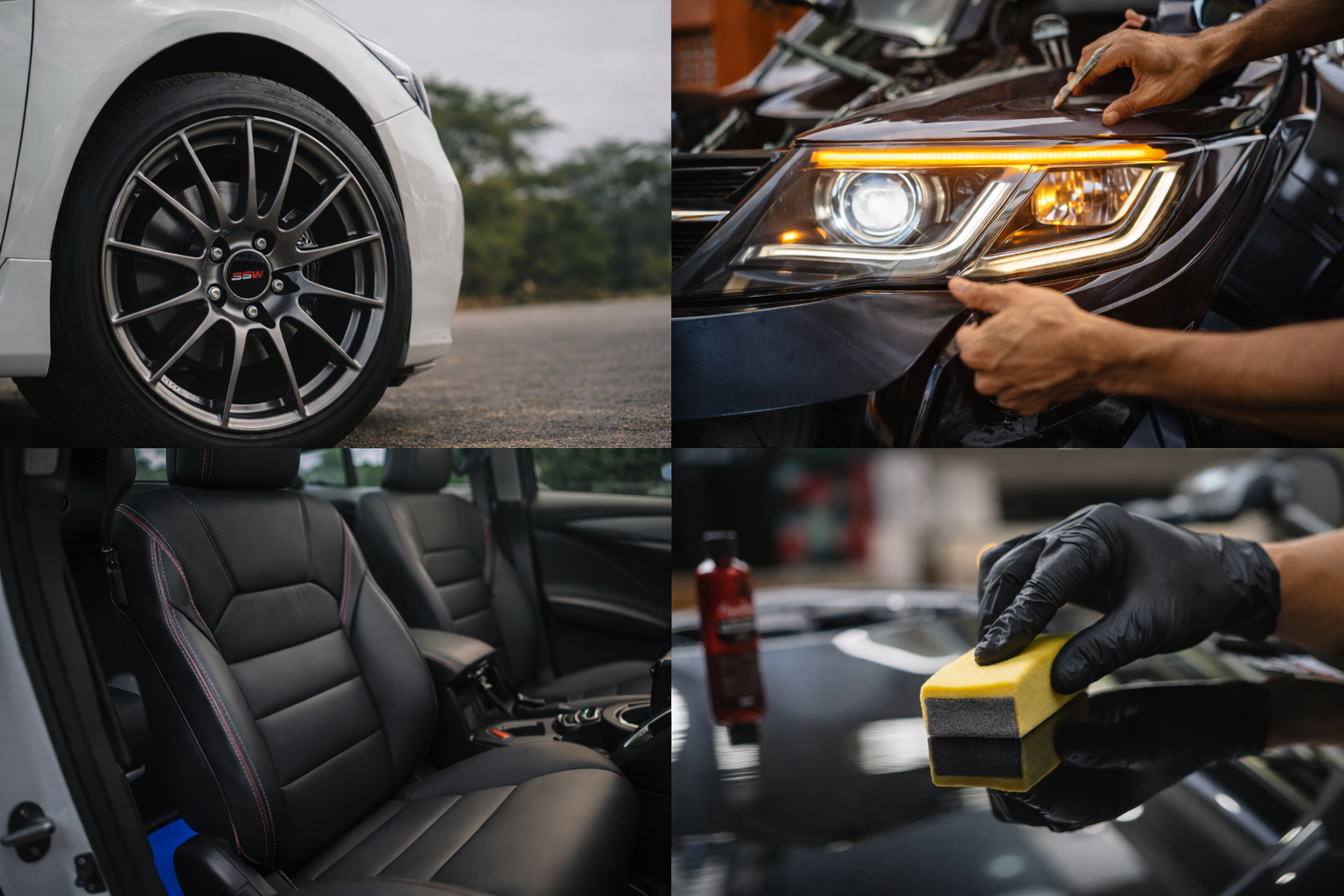 7fe10d54-be4b-45f8-8547-a934225912bd Car customization in Bangalore showcasing alloy wheels, projector headlight installation, premium interior seat covers, and professional car detailing services