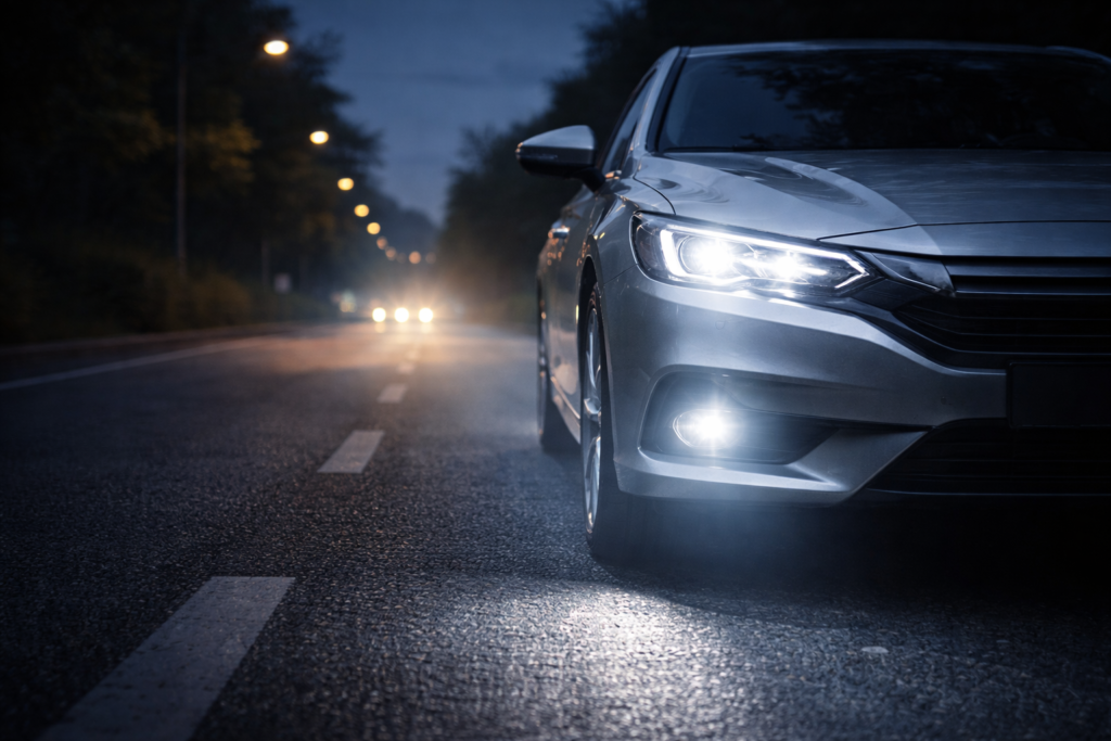 Front view of a car using LED headlights for better night driving visibility