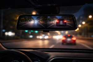 Front and rear dash cam footage displayed inside a car during night driving