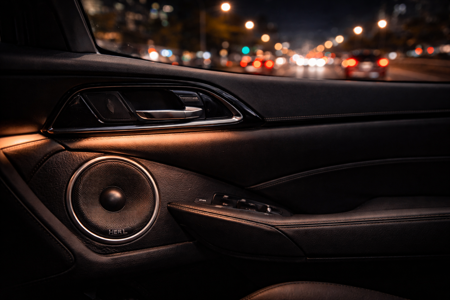 Hertz car audio system speaker fitted inside a luxury car interio