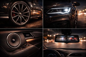 Car upgrades showing alloy wheels, LED lighting, audio system and dash cam for safety