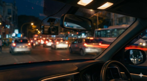 Qubo dash cam installed in a car capturing high-quality night footage of busy city traffic in India.