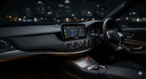 A high-resolution Blaupunkt Android car stereo installed in a luxury car dashboard, displaying a navigation map and music player.