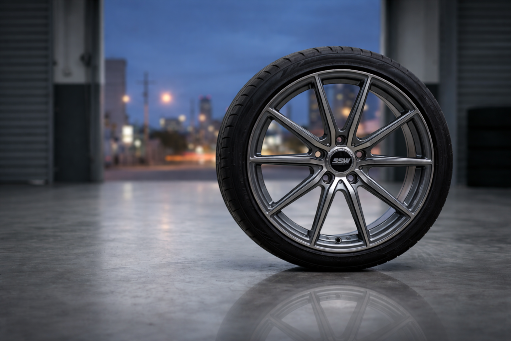 A premium multi-spoke SSW alloy wheel in a gunmetal finish, showcasing the stylish and lightweight design for cars in India.