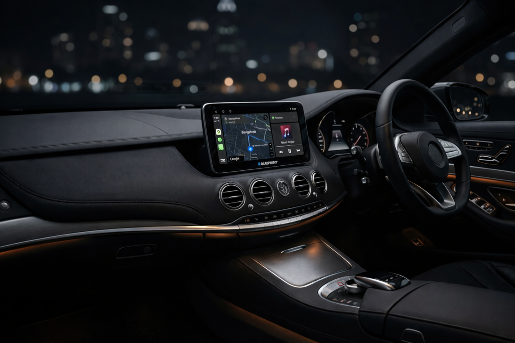 A high-resolution Blaupunkt Android car stereo installed in a luxury car dashboard, displaying a navigation map and music player.