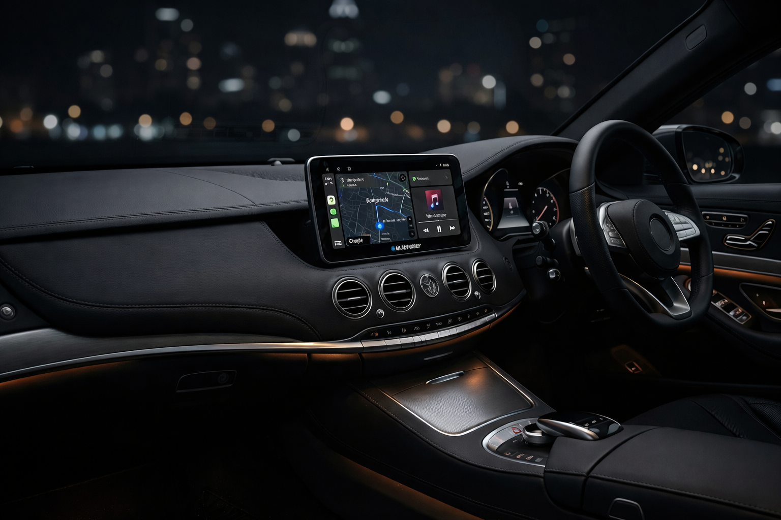 A high-resolution Blaupunkt Android car stereo installed in a luxury car dashboard, displaying a navigation map and music player.