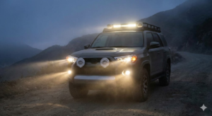 An SUV equipped with a roof-mounted light bar and front-facing Hella auxiliary lights for off-road driving and extreme highway visibility.