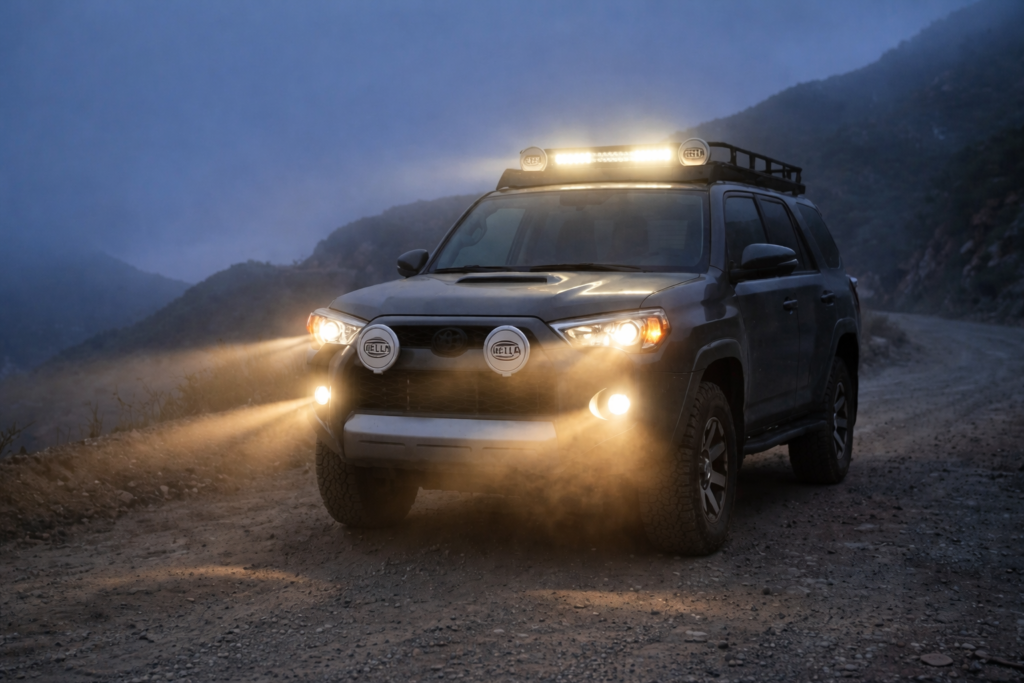 An SUV equipped with a roof-mounted light bar and front-facing Hella auxiliary lights for off-road driving and extreme highway visibility.