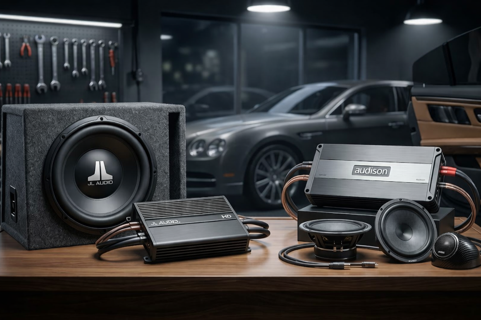 02878ae2-ad68-4ff4-b3b7-e47d0c10f911 A comparison of JL Audio vs Audison car audio components, featuring a JL Audio subwoofer and amplifier alongside Audison speakers and a premium amplifier for a car sound system upgrade.