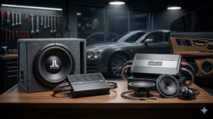 A comparison of JL Audio vs Audison car audio components, featuring a JL Audio subwoofer and amplifier alongside Audison speakers and a premium amplifier for a car sound system upgrade.