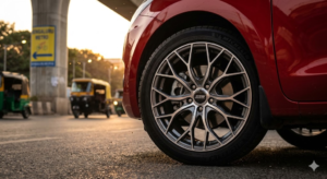A red car featuring premium SSW alloy wheels with an intricate mesh design, perfect for a stylish alloy wheel upgrade on Indian roads
