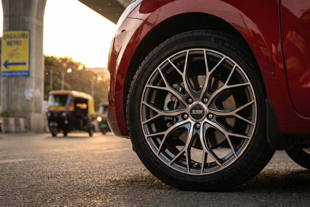 A red car featuring premium SSW alloy wheels with an intricate mesh design, perfect for a stylish alloy wheel upgrade on Indian roads