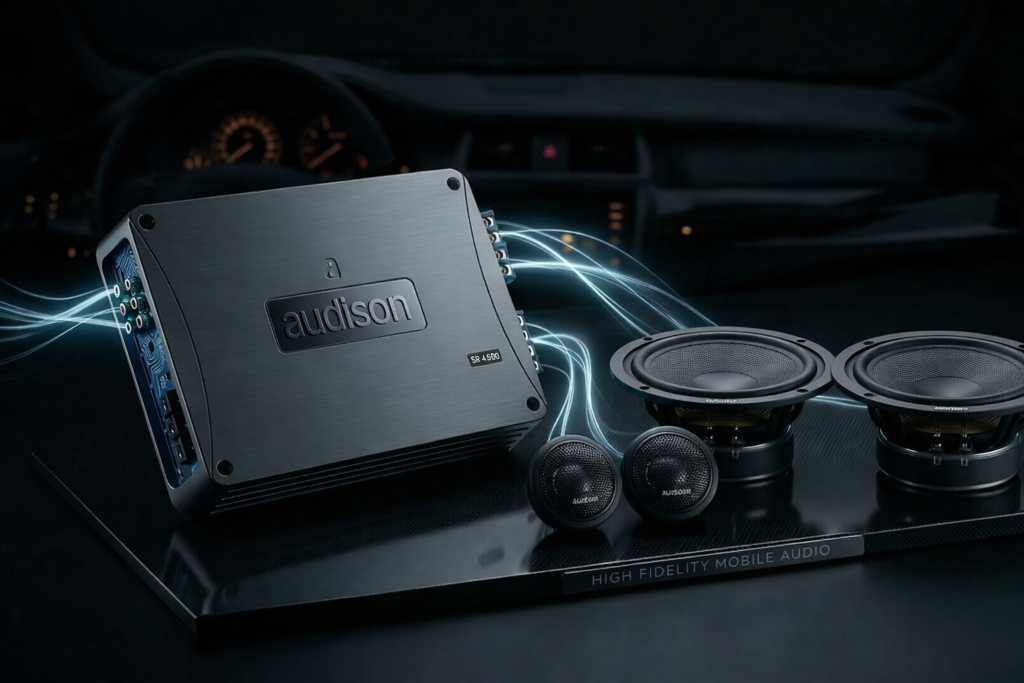 Audison car audio system featuring a high-performance SR 4.500 amplifier and premium component speakers for a professional car sound system upgrade.
