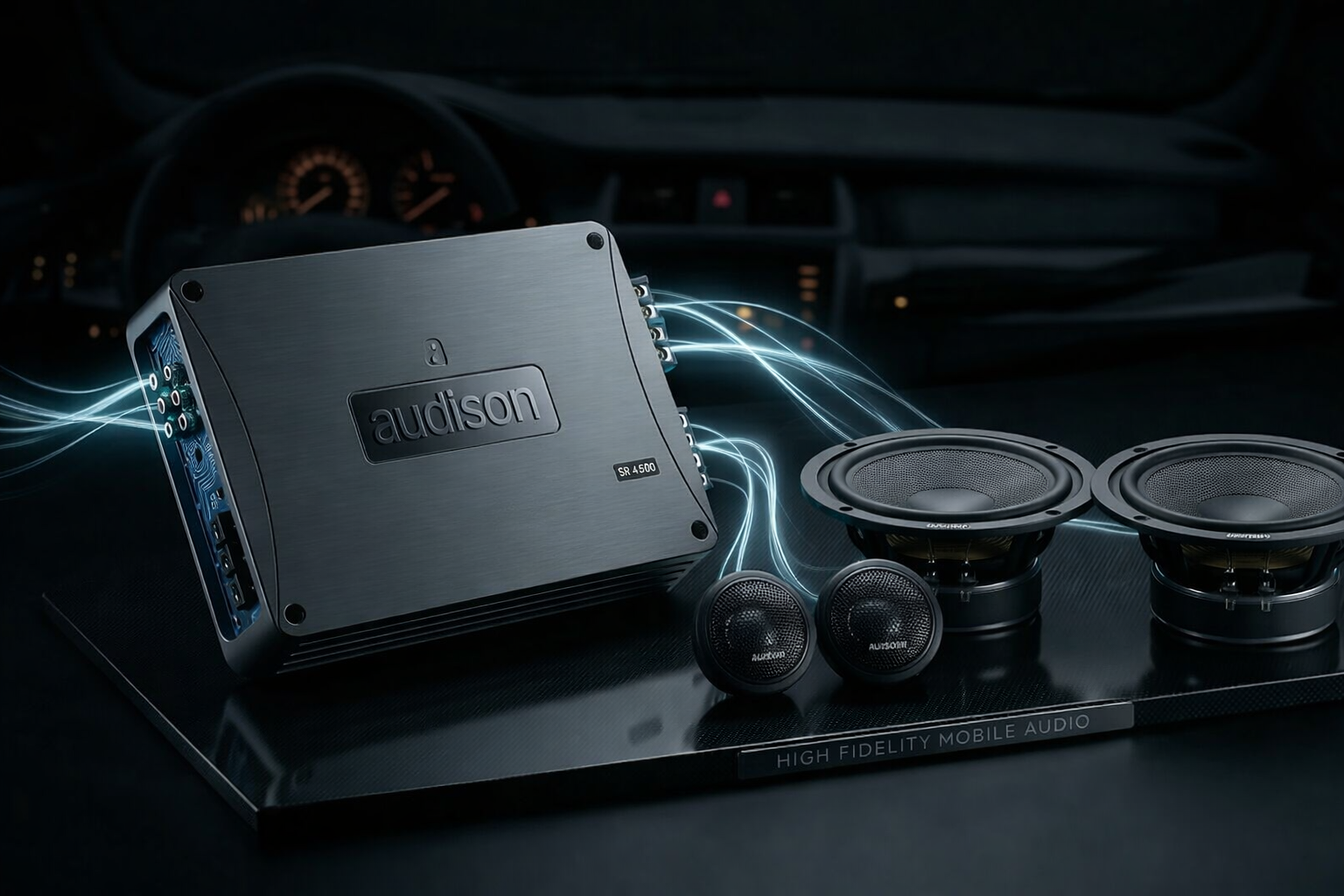 Audison car audio system featuring a high-performance SR 4.500 amplifier and premium component speakers for a professional car sound system upgrade.