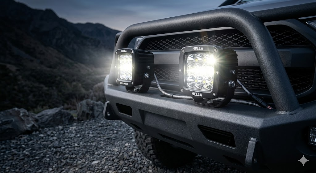 Hella 3.2 inch spot cube lights mounted on a black off-road bumper, showing the powerful LED beam pattern for car auxiliary lights.