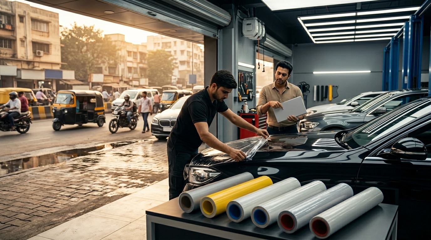 Professional PPF installation on a black luxury car at a Bengaluru workshop, featuring premium paint protection film rolls and self-healing technology for Indian road conditions.