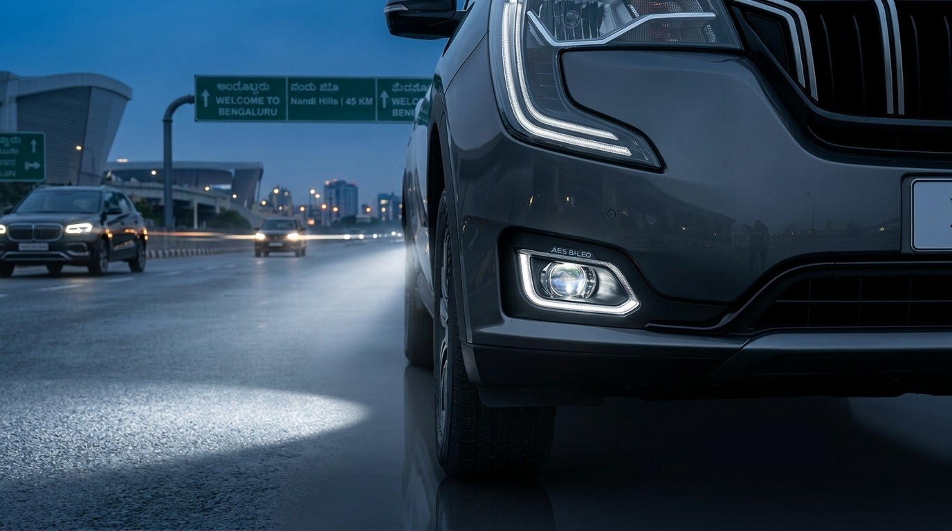 Premium projector fog lamps installed on an SUV driving on a wet Bengaluru highway at night, showing a focused beam pattern for better monsoon visibility.