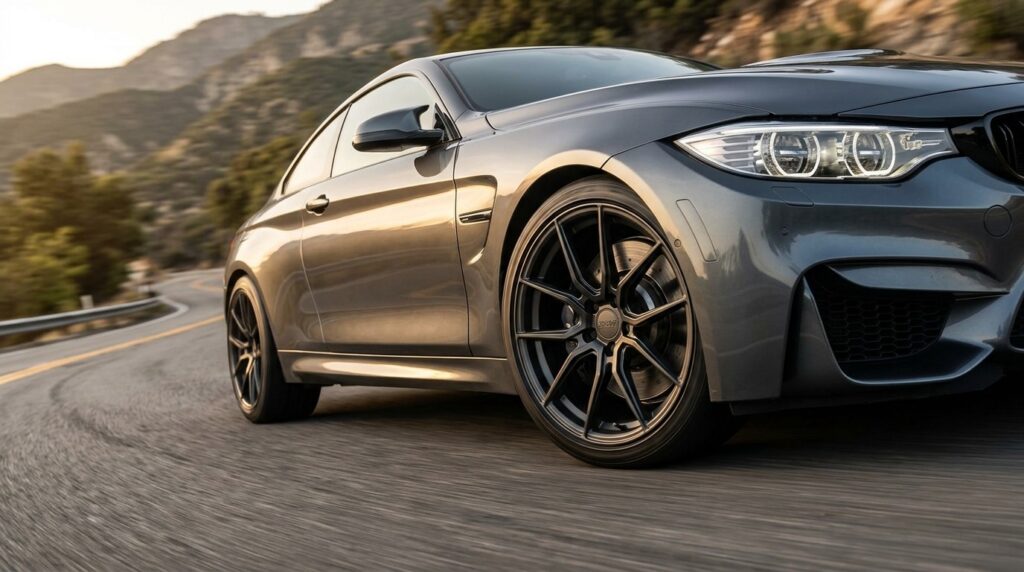 High-performance SSW alloy wheels on a grey sports car driving through a mountain curve, illustrating improved car handling and reduced unsprung weight.