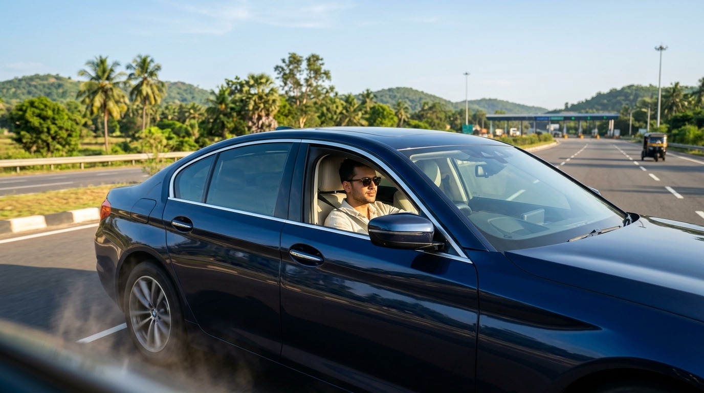 A luxury sedan driving on a sunny Bengaluru highway with clear ceramic sun film installed to block heat and UV rays while maintaining RTO-approved visibility.