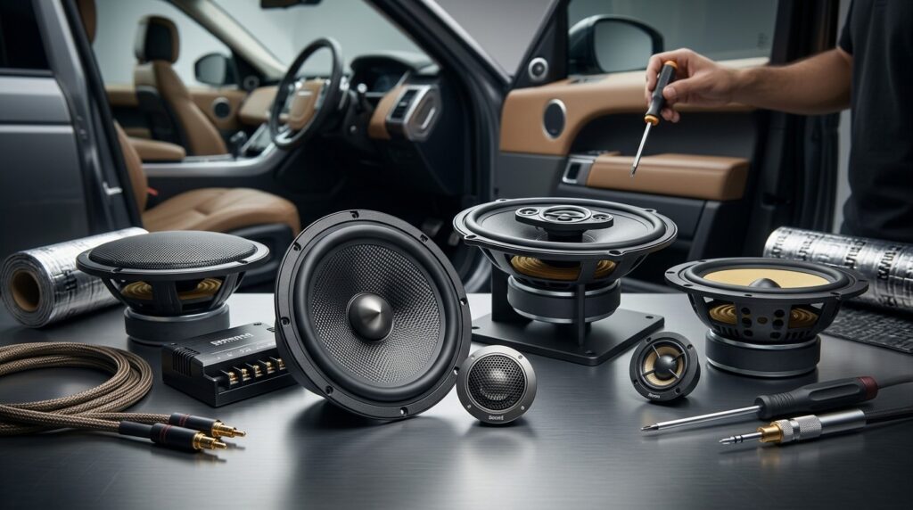 Premium component car speaker upgrade kit featuring woofers, tweeters, and crossovers on a workshop table with a luxury car interior in the background.
