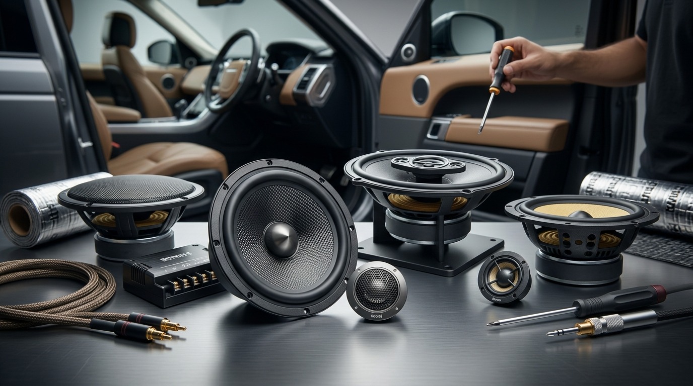 Premium component car speaker upgrade kit featuring woofers, tweeters, and crossovers on a workshop table with a luxury car interior in the background.
